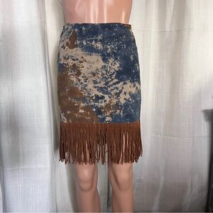 Y2K Denim Hide & Fringe Western Skirt Sz M